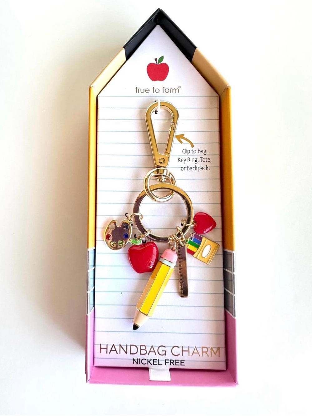 True to Form Gold School-Themed Handbag Charm with Red Apple & Yellow Pencil